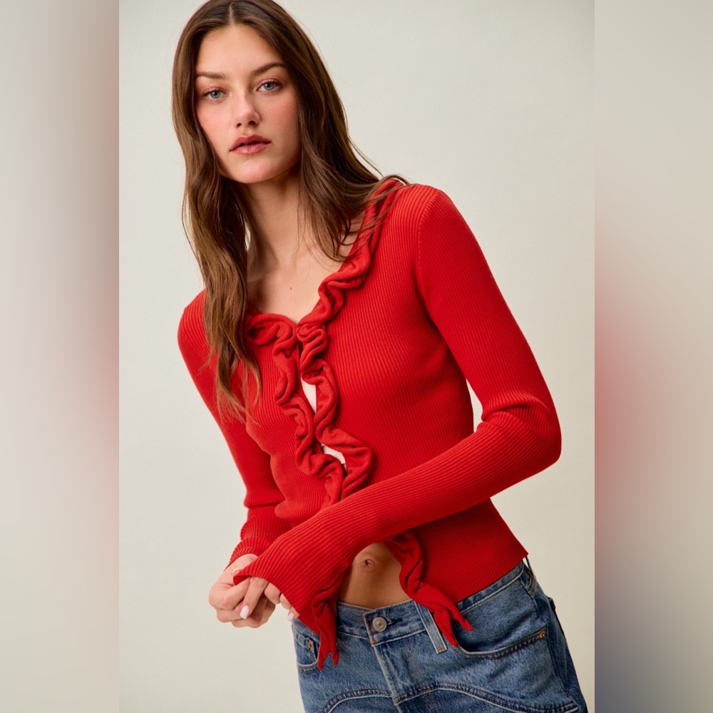 SO ME Cascade Ruffle Ribbed Sweater Cardgian🛍️ - Picture 3 of 8